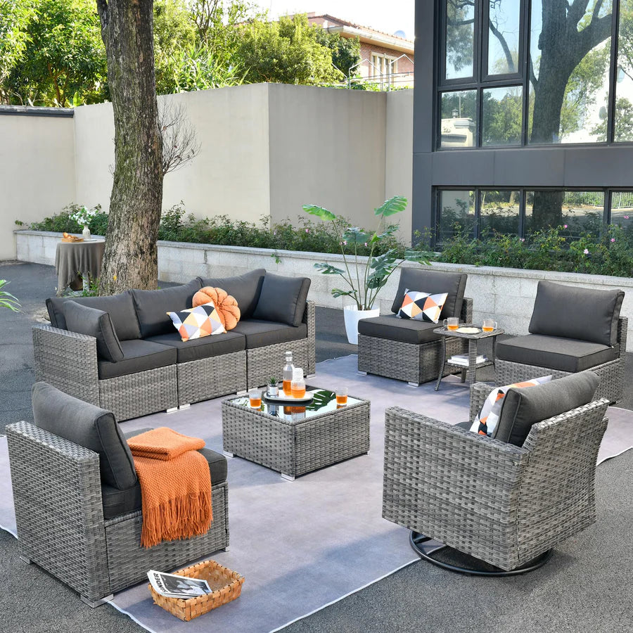 Outdoor 9 Piece Coversation Set with Swivel Rocking Chair,Sectional Patio Furniture Set with All-Weather Wicker Sofa