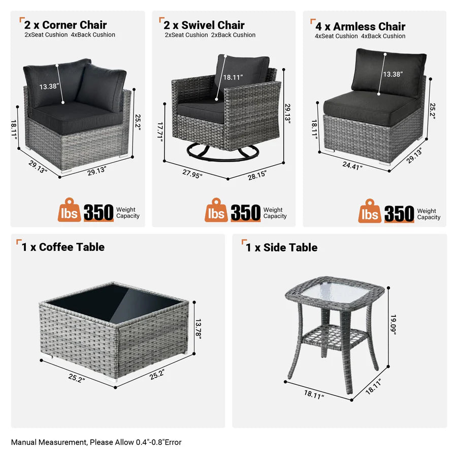 Outdoor 9 Piece Coversation Set with Swivel Rocking Chair,Sectional Patio Furniture Set with All-Weather Wicker Sofa