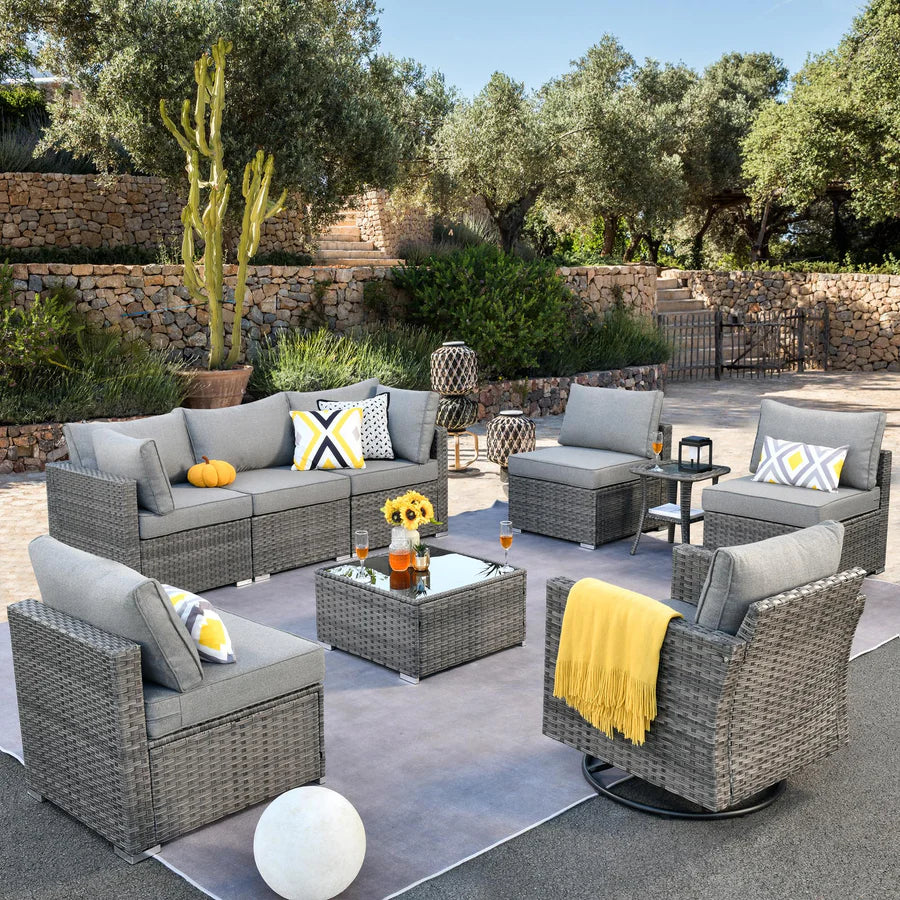 Outdoor 9 Piece Coversation Set with Swivel Rocking Chair,Sectional Patio Furniture Set with All-Weather Wicker Sofa