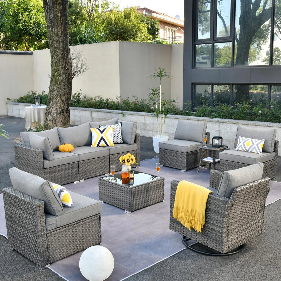 Outdoor 9 Piece Coversation Set with Swivel Rocking Chair,Sectional Patio Furniture Set with All-Weather Wicker Sofa