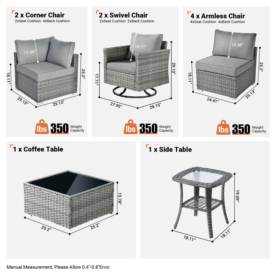 Outdoor 9 Piece Coversation Set with Swivel Rocking Chair,Sectional Patio Furniture Set with All-Weather Wicker Sofa