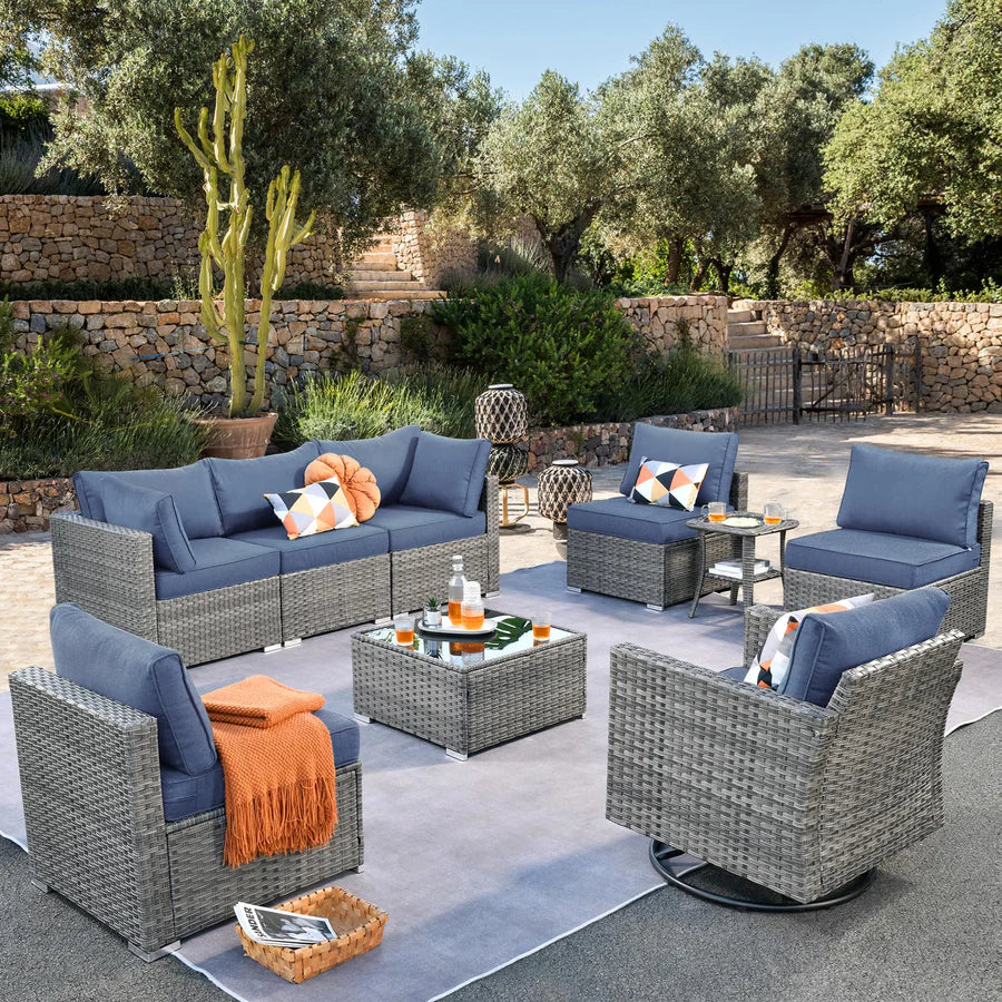 Outdoor 9 Piece Coversation Set with Swivel Rocking Chair,Sectional Patio Furniture Set with All-Weather Wicker Sofa