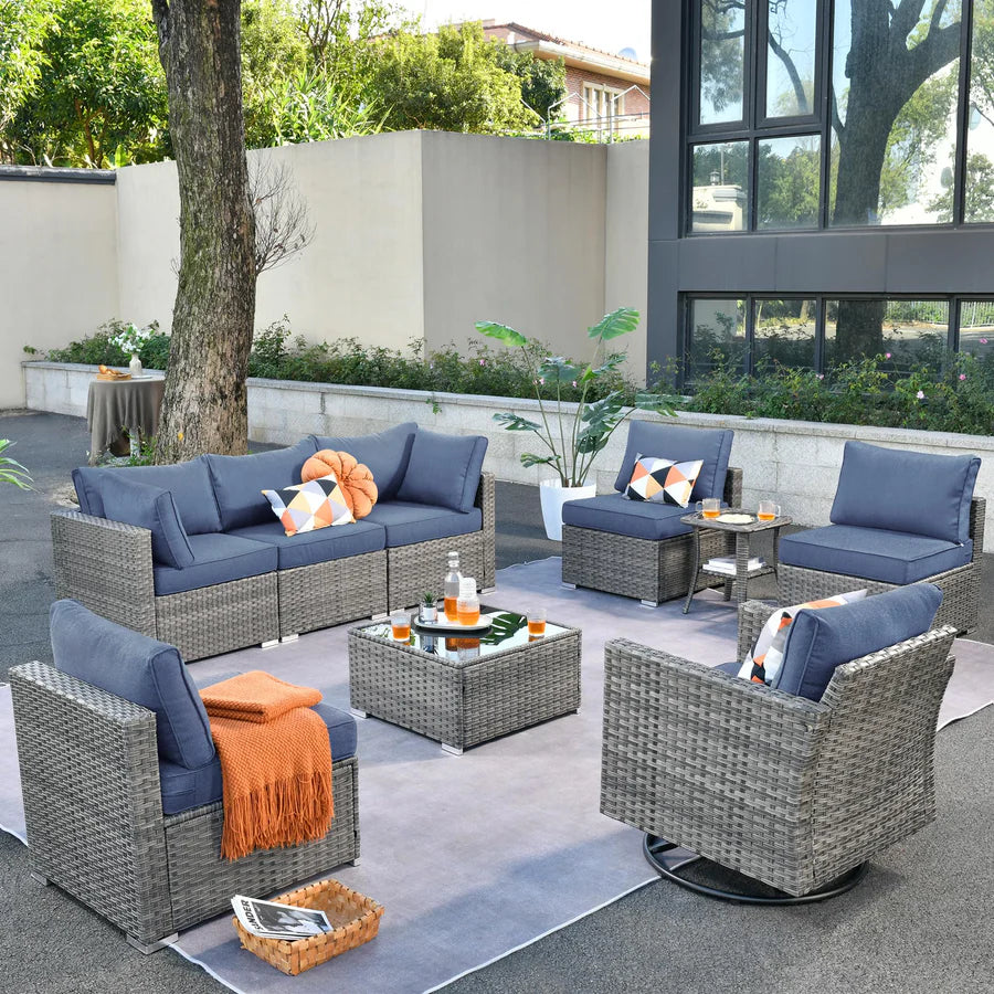 Outdoor 9 Piece Coversation Set with Swivel Rocking Chair,Sectional Patio Furniture Set with All-Weather Wicker Sofa