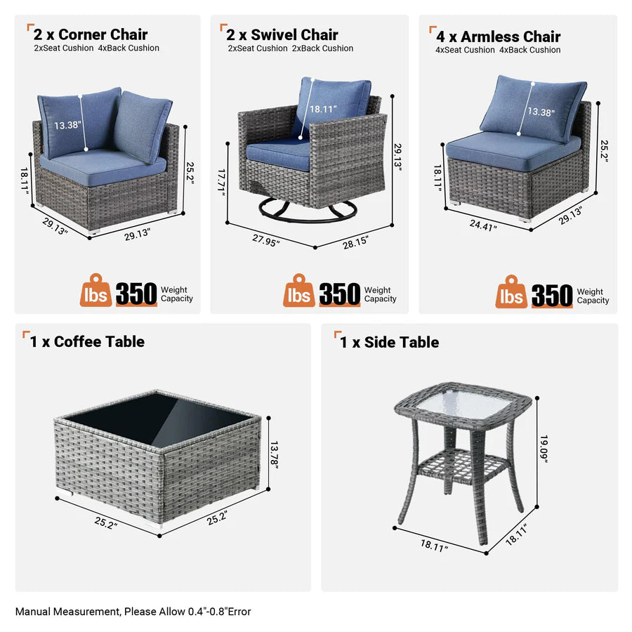 Outdoor 9 Piece Coversation Set with Swivel Rocking Chair,Sectional Patio Furniture Set with All-Weather Wicker Sofa