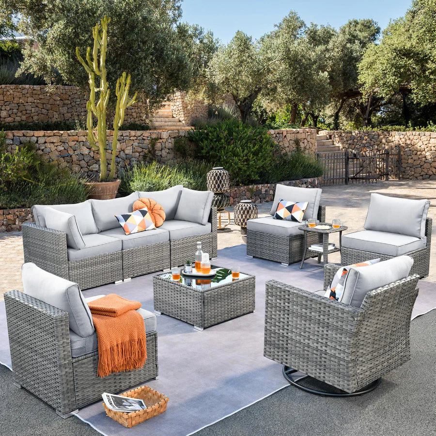Outdoor 9 Piece Coversation Set with Swivel Rocking Chair,Sectional Patio Furniture Set with All-Weather Wicker Sofa