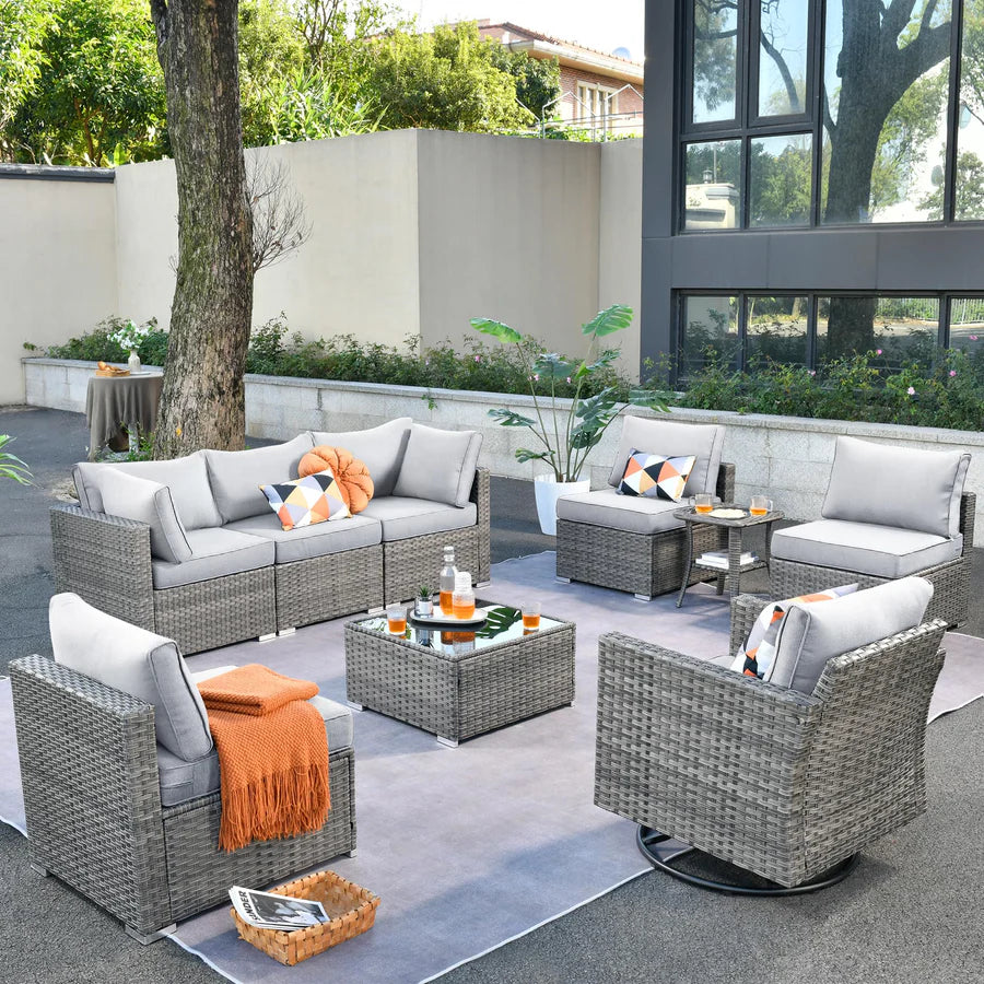 Outdoor 9 Piece Coversation Set with Swivel Rocking Chair,Sectional Patio Furniture Set with All-Weather Wicker Sofa