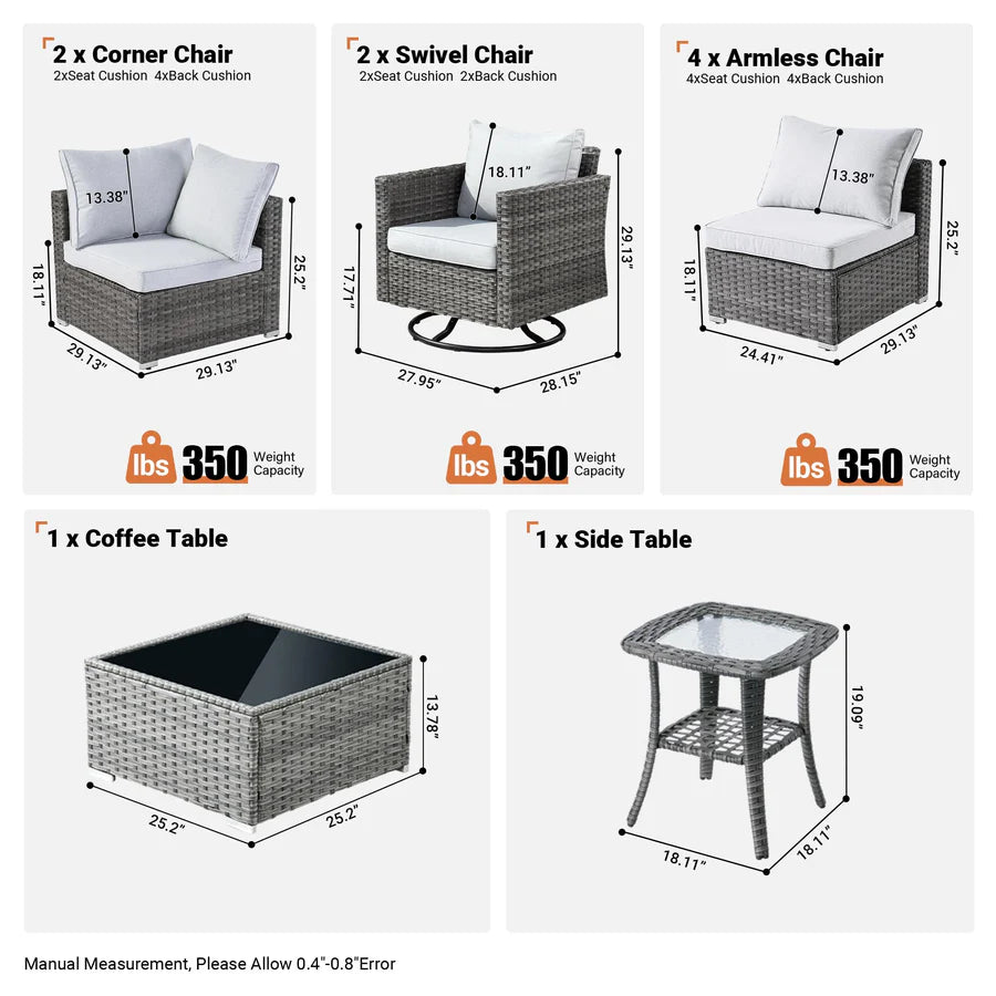 Outdoor 9 Piece Coversation Set with Swivel Rocking Chair,Sectional Patio Furniture Set with All-Weather Wicker Sofa