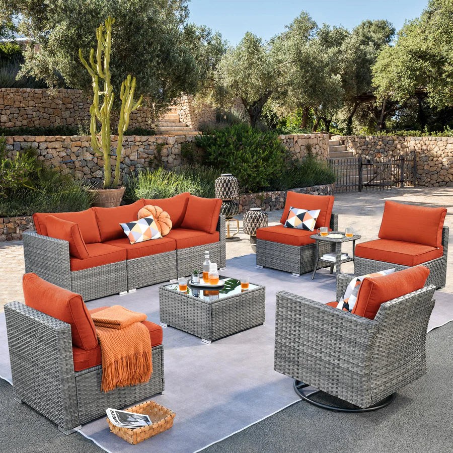 Outdoor 9 Piece Coversation Set with Swivel Rocking Chair,Sectional Patio Furniture Set with All-Weather Wicker Sofa