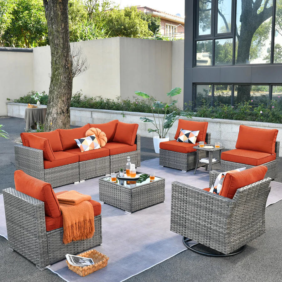 Outdoor 9 Piece Coversation Set with Swivel Rocking Chair,Sectional Patio Furniture Set with All-Weather Wicker Sofa