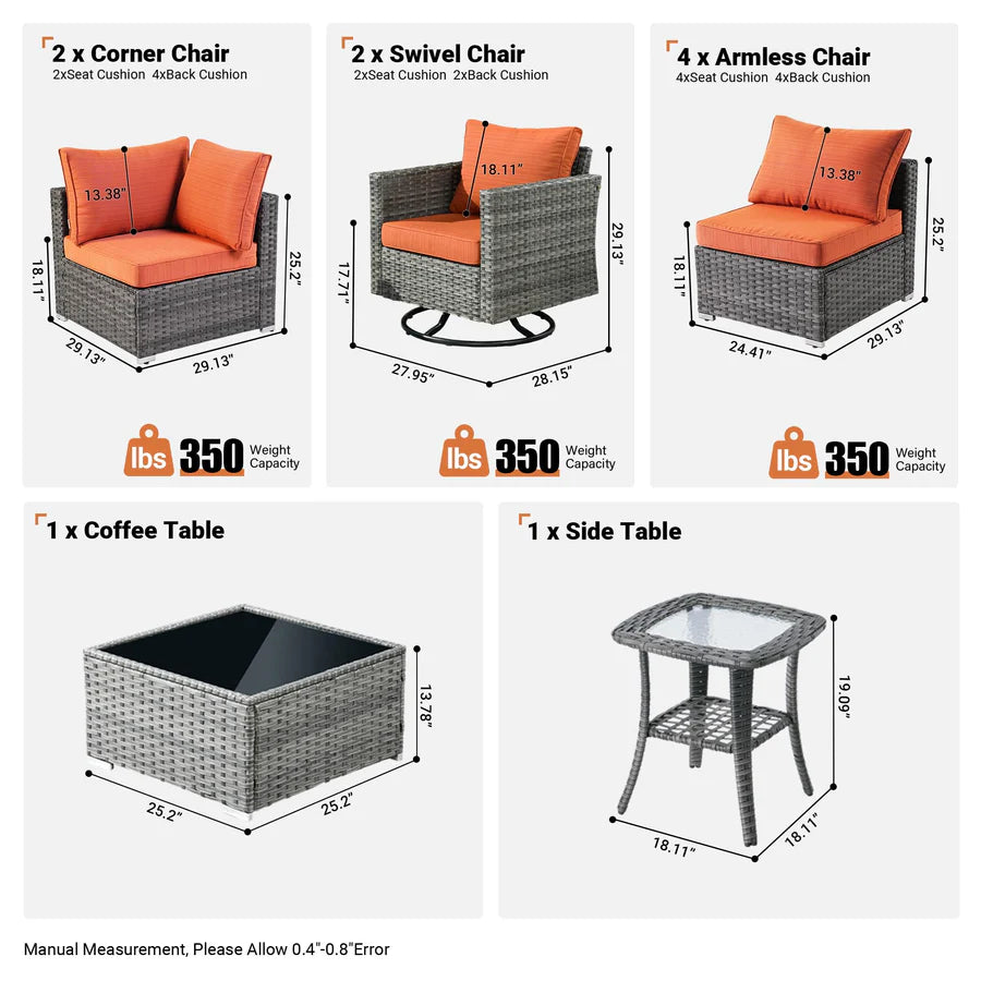 Outdoor 9 Piece Coversation Set with Swivel Rocking Chair,Sectional Patio Furniture Set with All-Weather Wicker Sofa
