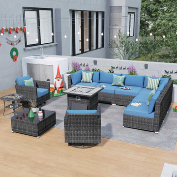 Outdoor Sectional Furniture 11-Piece with Rocking Chair and 30'' Fire Pit Table