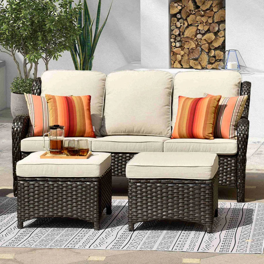 Outdoor Couch 3-Piece with Ottoman Kenard Curved Handrest