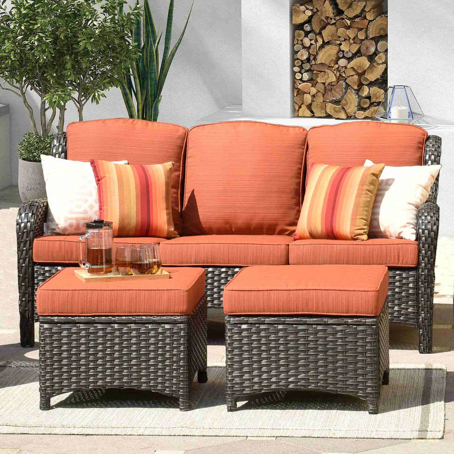 Outdoor Couch 3-Piece with Ottoman Kenard Curved Handrest