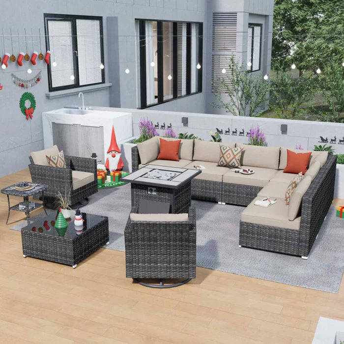 Outdoor Sectional Furniture 11-Piece with Rocking Chair and 30'' Fire Pit Table