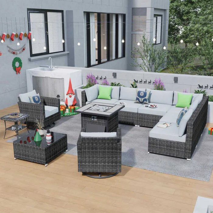 Outdoor Sectional Furniture 11-Piece with Rocking Chair and 30'' Fire Pit Table