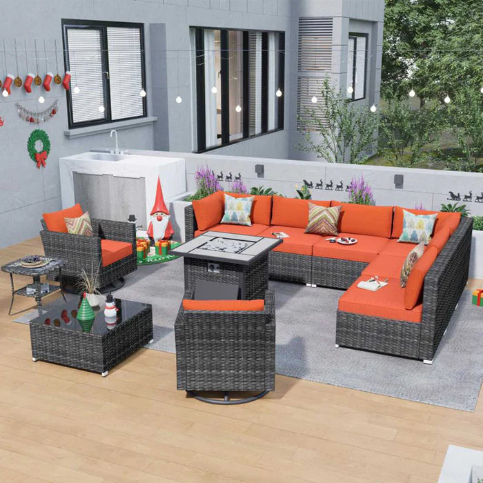 Outdoor Sectional Furniture 11-Piece with Rocking Chair and 30'' Fire Pit Table