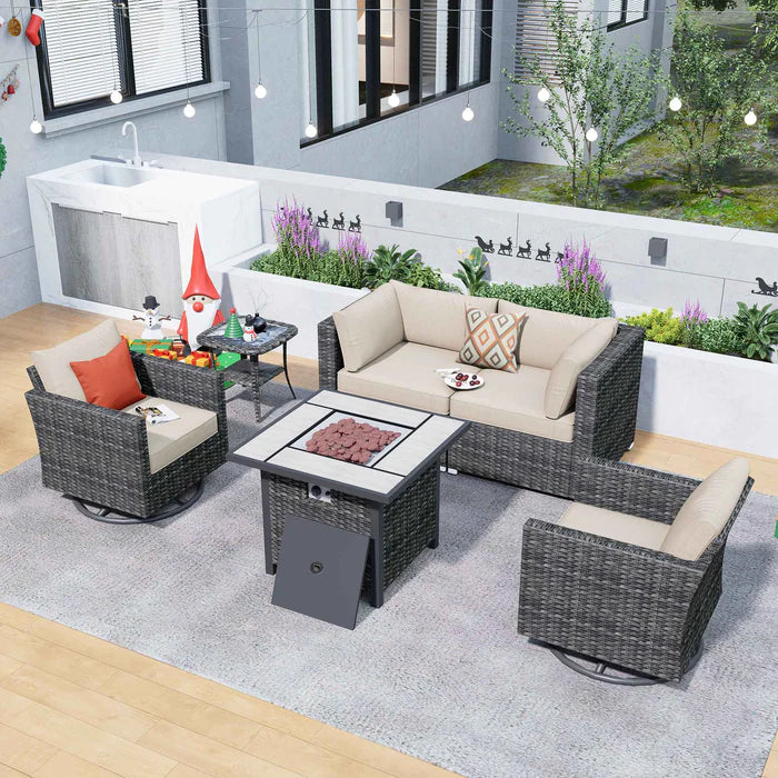 Outdoor Sectional Furniture 6-Piece with Rocking Chair and 30'' Fire Pit Table