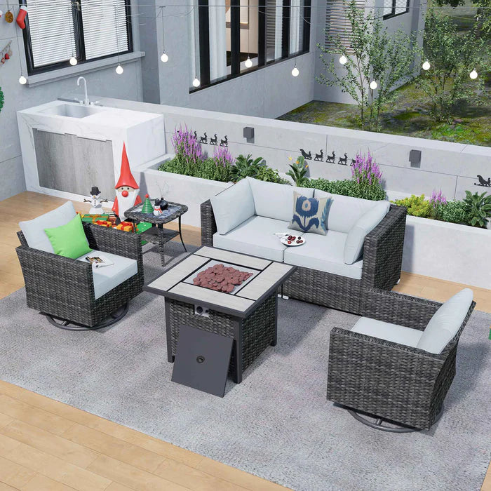 Outdoor Sectional Furniture 6-Piece with Rocking Chair and 30'' Fire Pit Table