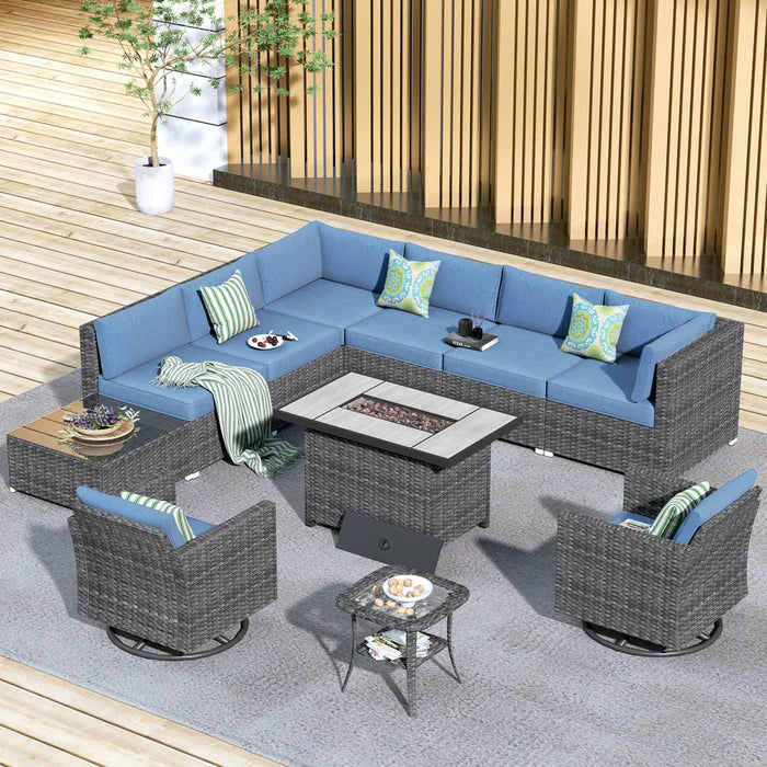 Patio Furniture 11-Piece Outdoor Sectional Sofa Set with Wicker Rocking Swivel Chairs and 42.12'' Fire Pit
