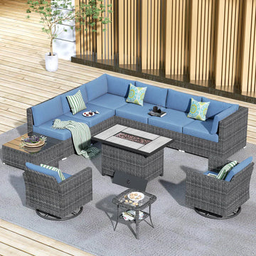 Patio Furniture 11-Piece Outdoor Sectional Sofa Set with Wicker Rocking Swivel Chairs and 42.12'' Fire Pit