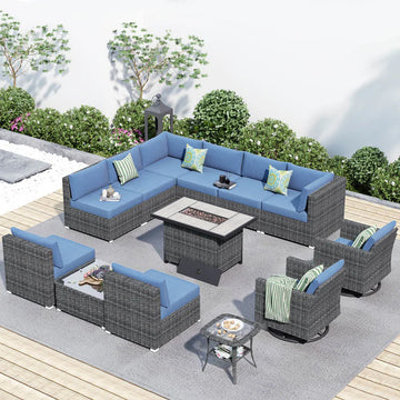 Patio Furniture 13-Piece Outdoor Sectional Sofa Set with Wicker Rocking Swivel Chairs and 42.12'' Fire Pit
