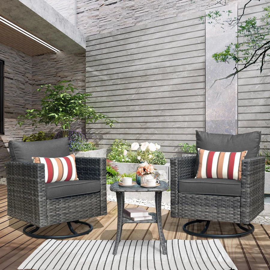 Patio Furniture 3-Piece Set with Swivel Chairs and Table Square Shape Armrest