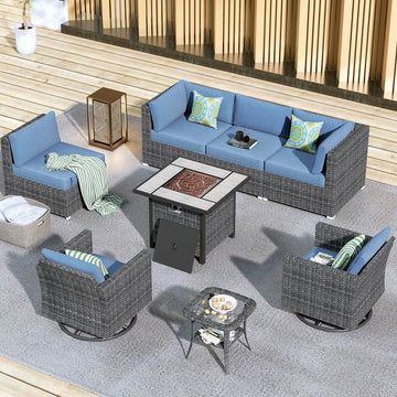 Patio Furniture 8-Piece Outdoor Sectional Sofa Set with Wicker Rocking Swivel Chairs and 30'' Fire Pit