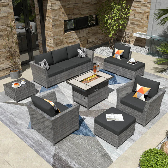 New Rimaru Series Patio Furniture Set 10-Piece include 42"Rectangle Fire Pit Table Partially Assembled