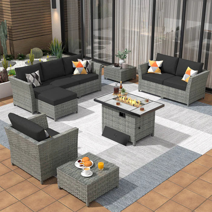 New Rimaru Series Patio Furniture Set 10-Piece include 42"Rectangle Fire Pit Table Partially Assembled