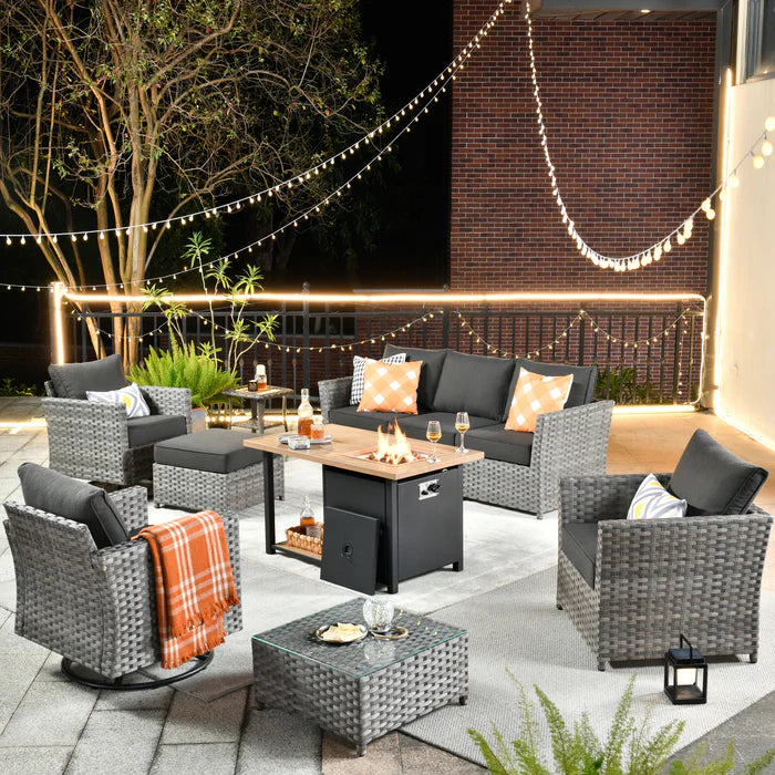 Patio Furniture Set 10-Piece include 42"Rectangle Fire Pit Table&Swivel Chairs, Partially Assembled,BRS Series
