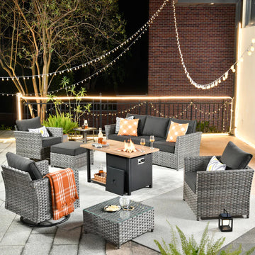 Patio Furniture Set 10-Piece include 42"Rectangle Fire Pit Table&Swivel Chairs, Partially Assembled,BRS Series