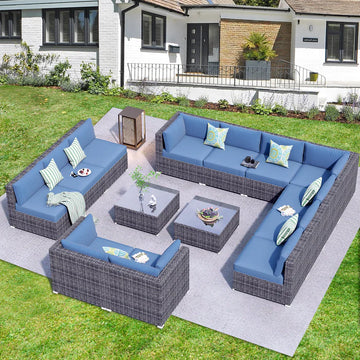 Patio Furniture Set 14-Piece with All Weather Rattan Wicker Sofa and Tempered Glass Table