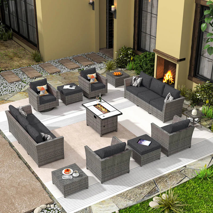 New Rimaru Series Patio Furniture Set 16-Piece include Swivel Chairs and 42"Rectangle Fire Pit Table Partially Assembled