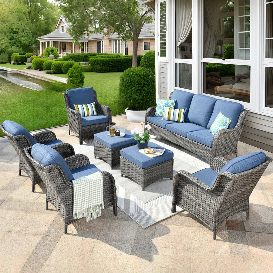 Patio Furniture Set 7-Piece With Cushions Kenard Curved Handrest