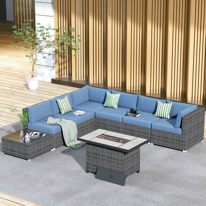 Patio Furniture Set 8-Piece with All Weather Rattan Wicker Sofa and 42.12'' Fire Pit