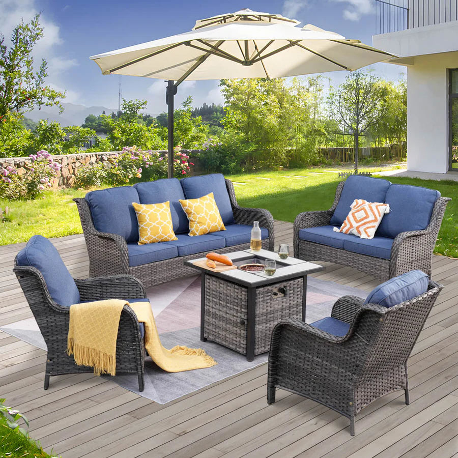 Patio Kenard 5-Piece Conversation Set with 30'' Fire Pit Table and Loveseat