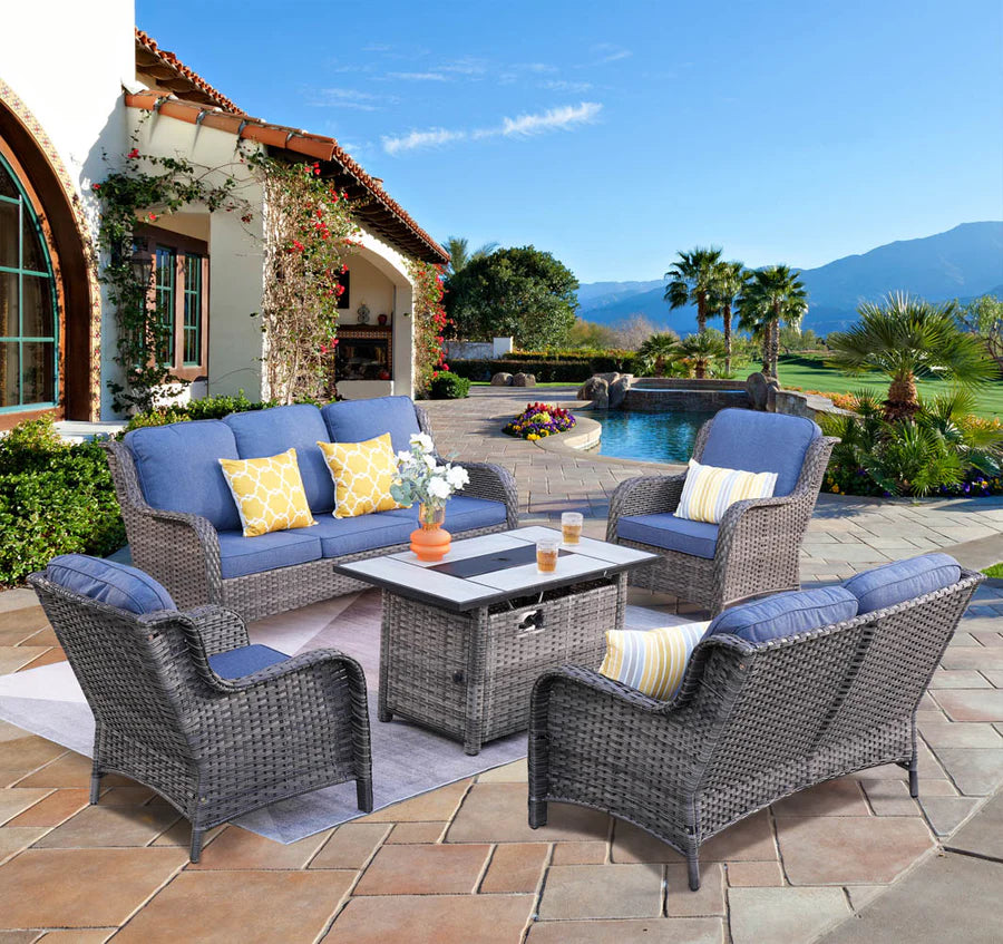 Patio Kenard 5-Piece Conversation Set with 42'' Fire Pit Table and Loveseat