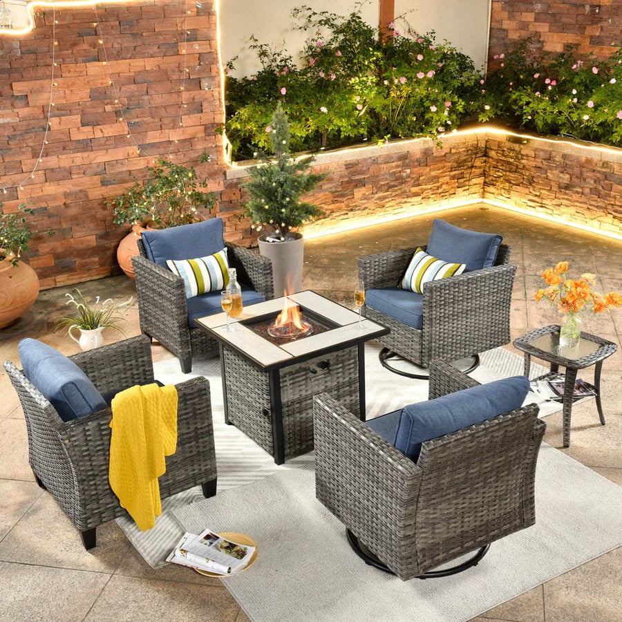 Patio Vultros 6-Piece Conversation Set, 2 Swivel Chairs 2 Chairs with 30'' Propane Fire Pit Table