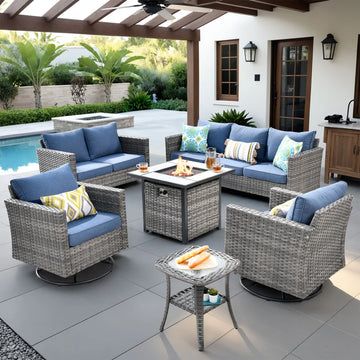 Patio Vultros 6-Piece Set With Swivel Chair Lover seat and 30'' Propane Fire Pit Table