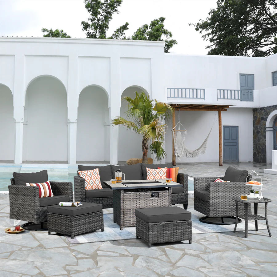 Patio Vultros 7-Piece Set With Swivel Chair and Rectangle 42'' Propane Fire Pit Table
