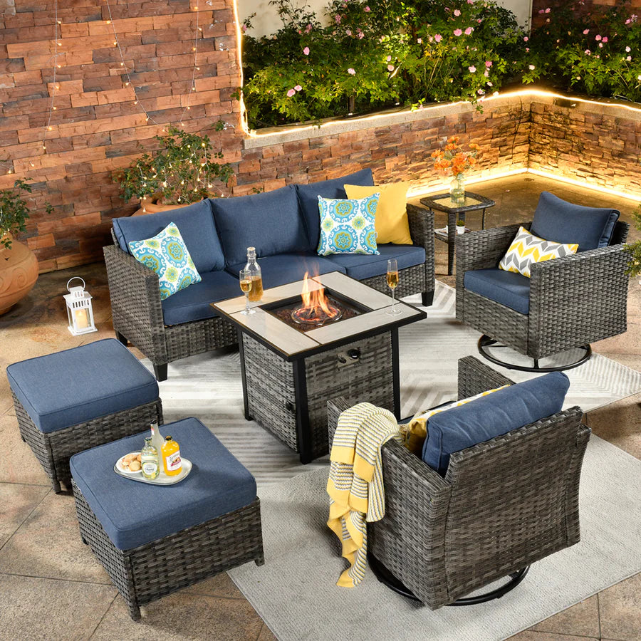 Patio Vultros 7-Piece Set with 2 Rocking chairs and 30'' Propane Fire Pit Table