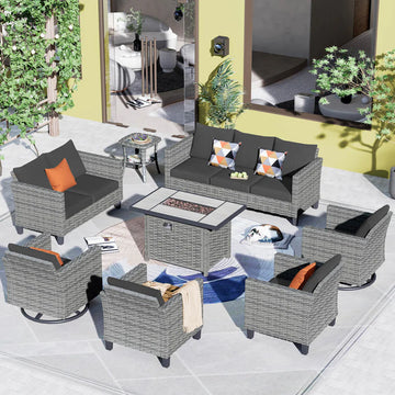 Patio Vultros 8-Piece Set With Swivel Chair and Rectangle 42'' Propane Fire Pit Table