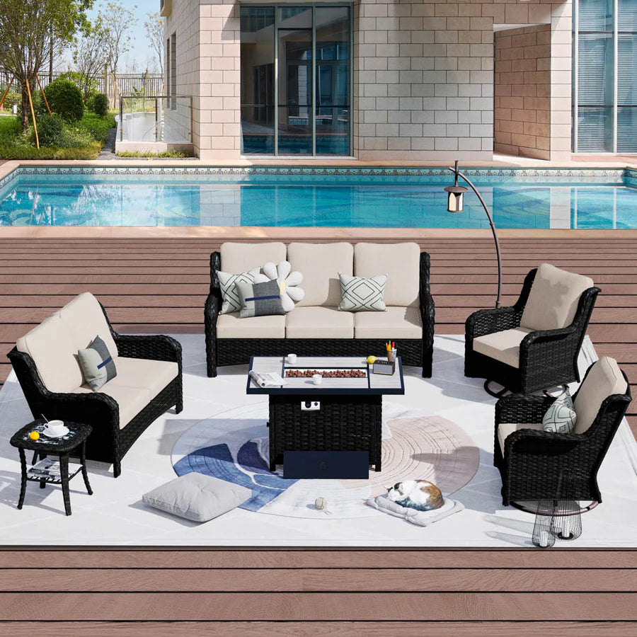 Patio Kenard 6-Piece Conversation Set with 42'' Rectangle Propane Fire Pit Table and Rocking Chairs