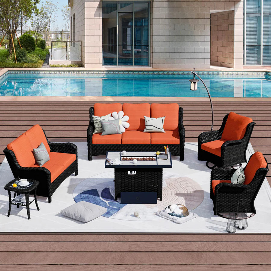 Patio Kenard 6-Piece Conversation Set with 42'' Rectangle Propane Fire Pit Table and Rocking Chairs