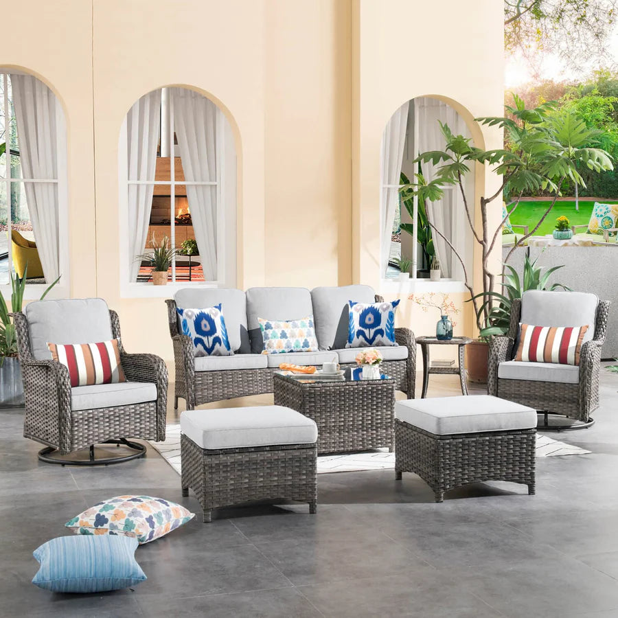 Patio Conversation Set 7-Piece with Swivel Chairs and Table Kenard