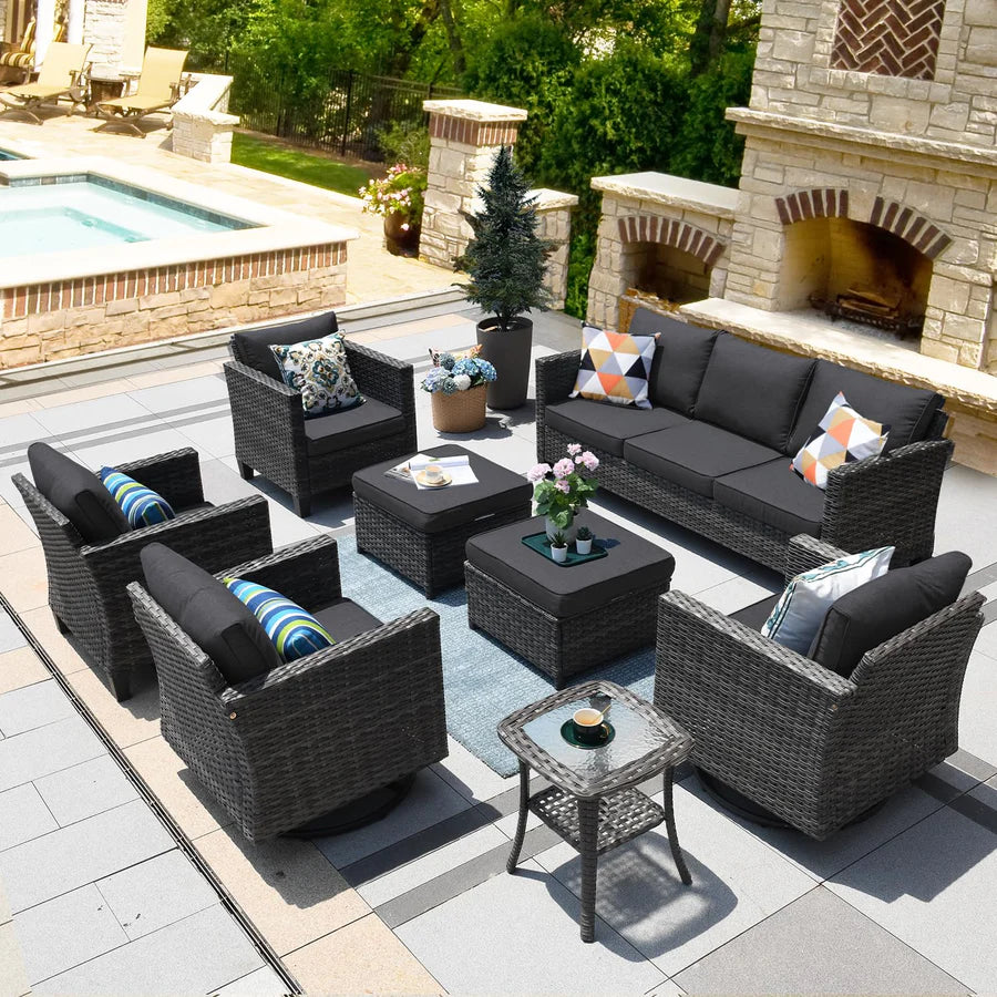 Patio Conversation Set 8-Piece with Swivel Rocking Chairs and Table