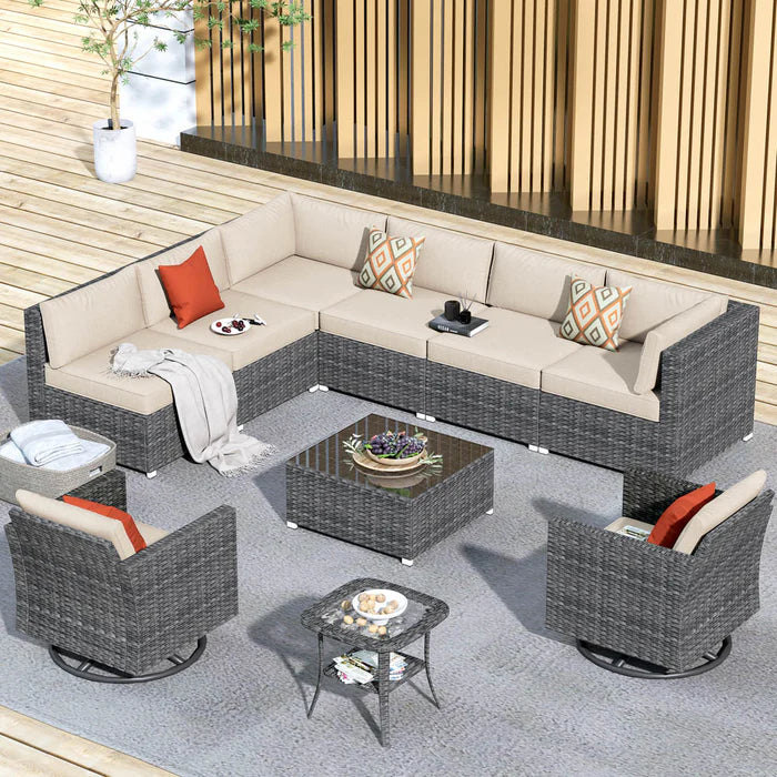 Patio Furniture 10-Piece Outdoor Sectional Sofa Set with Wicker Rocking Swivel Chairs and Tempered Glass Table