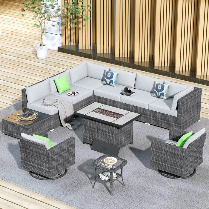 Patio Furniture 11-Piece Outdoor Sectional Sofa Set with Wicker Rocking Swivel Chairs and 42.12'' Fire Pit