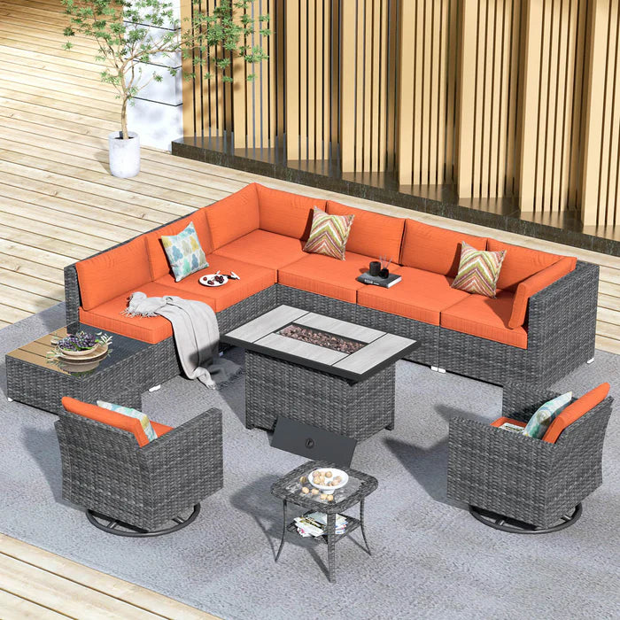 Patio Furniture 11-Piece Outdoor Sectional Sofa Set with Wicker Rocking Swivel Chairs and 42.12'' Fire Pit