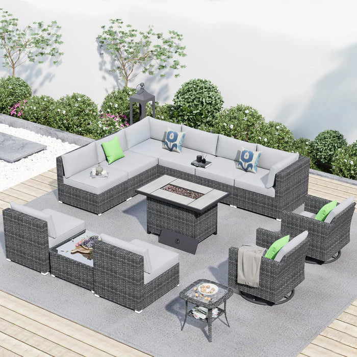 Patio Furniture 13-Piece Outdoor Sectional Sofa Set with Wicker Rocking Swivel Chairs and 42.12'' Fire Pit